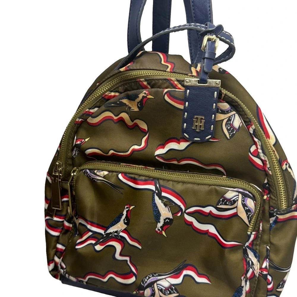 Tommy Hilfiger Julia Small Dome Backpack Olive Green TH Bird Print Preppy 2017